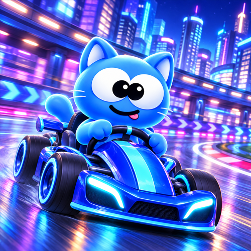 Gomocat racing a blue go-kart through a neon city